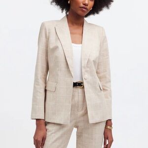 Madewell The Slim Linen Cotton Plaid Pockets Shoulder Pads Blazer Women’s Sz 2